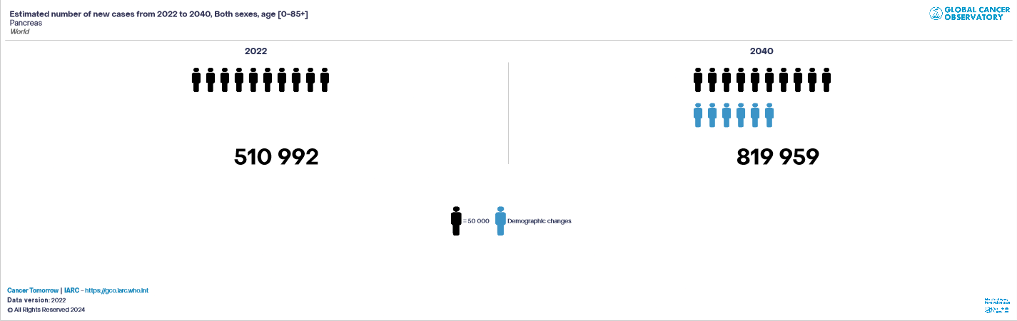 graphic estimated number of new cases from 2022 to 2040 both sexes age 0 85 pancreas